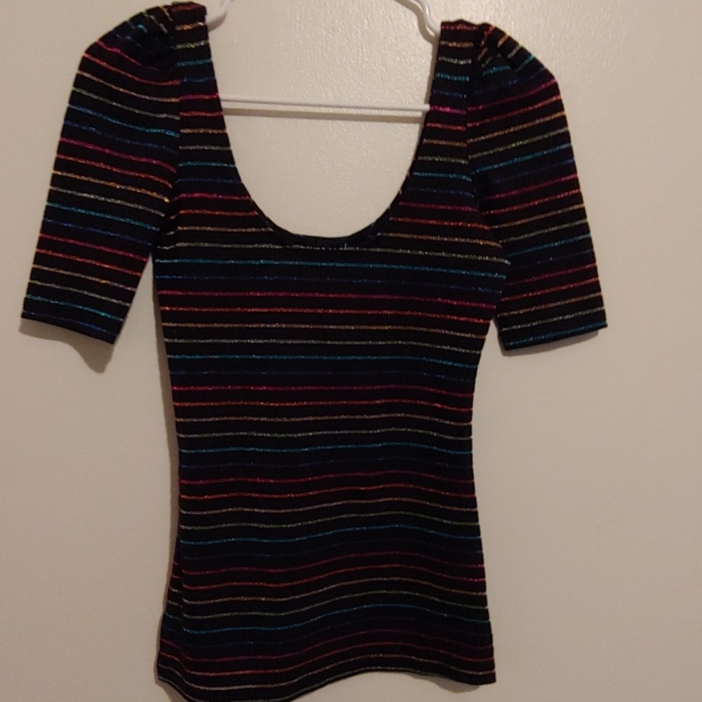 🔺 3/$30 Wet Seal rainbow glitter stripe black top